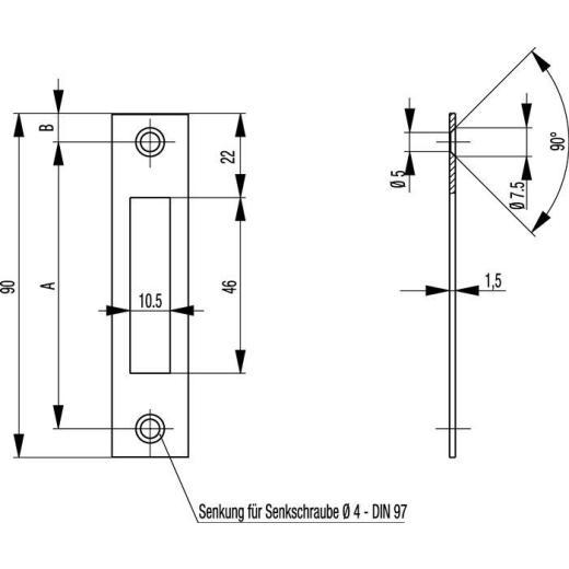 BKS Flachschließblech S412 silber käntig Stulp-B.24 mm