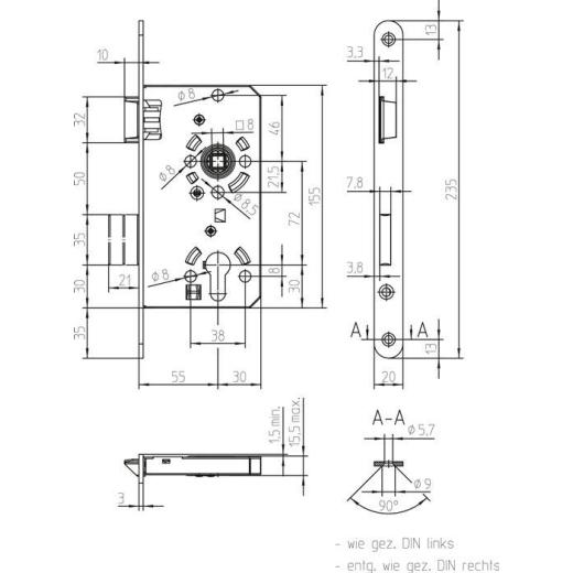 SSF - Einsteckschloss Stulp 20 mm, rund, DIN links, Falle und Riegel Zinkdruckguss