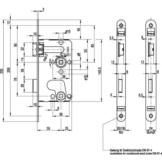 BKS - Einsteckschloss Stulp 20 mm, rund, DIN links, Falle und Riegel Kunststoff
