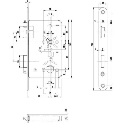 BKS - Einsteckschloss Stulp 20 mm, rund, DIN rechts, Falle und Riegel Zinkdruckguss - Klasse 3