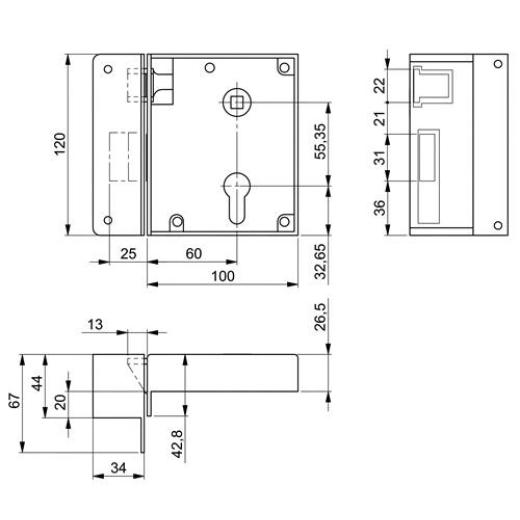 AMF - Schließkappenschloss 2 DIN li.PZW schwe.Ausf.einwärts Dornm.60mm