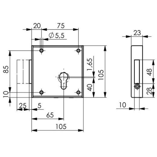 AMF - Gittertor-Riegelschloss 100 DIN re.PZ aufliegend 65mm