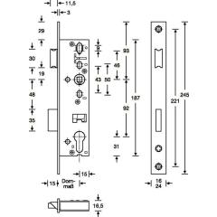 RR-Einsteckschl.PZW 24/45/92/8mm DIN L/R VA Riegelausschl.15mm 245mm SSF